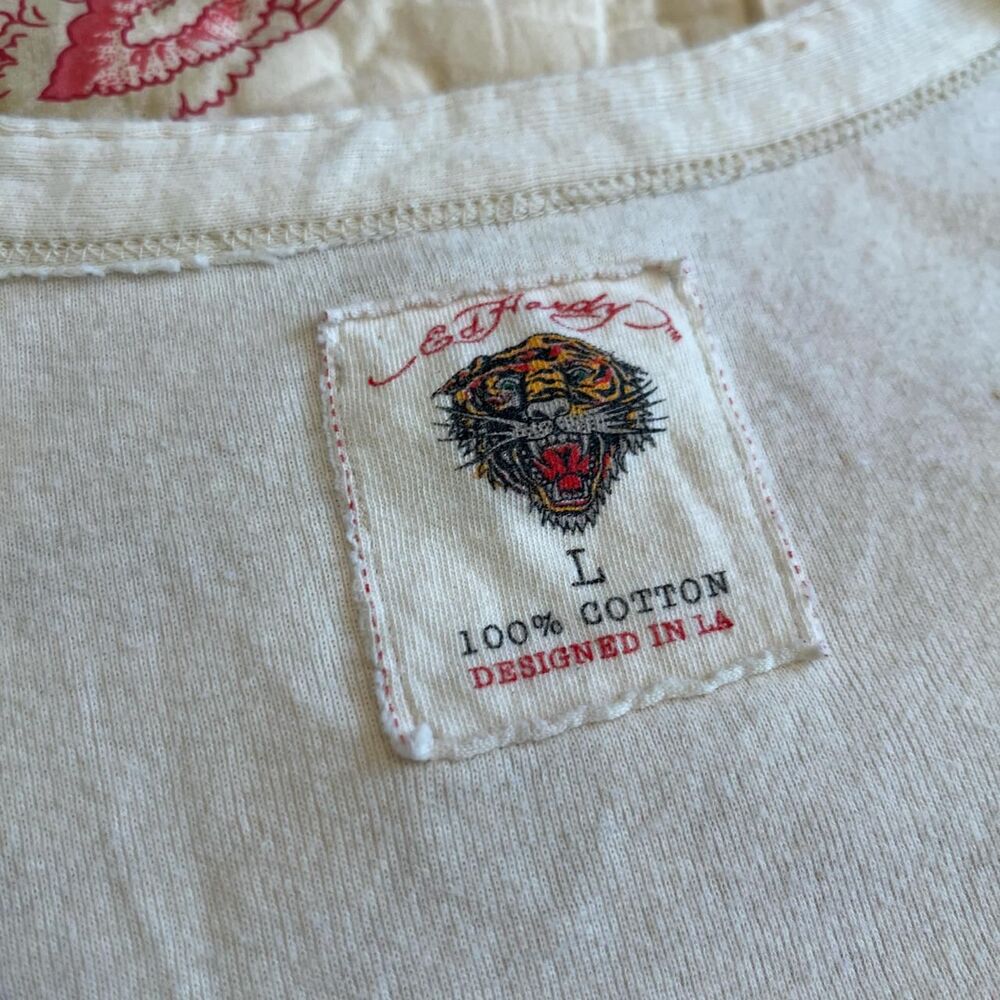 2000s Y2K Ed Hardy Gold Embroidered Tiger V neck long White and Cream cute top - Picture 3 of 6